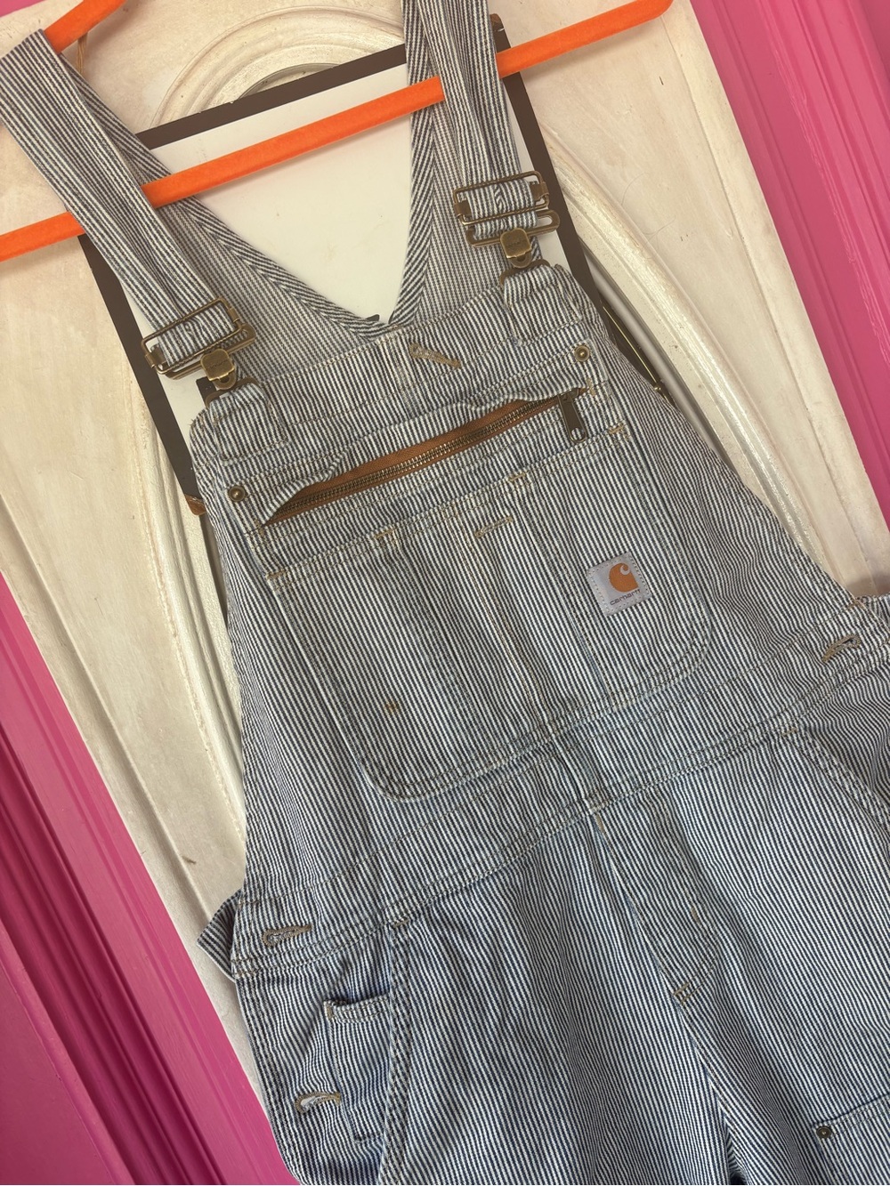 Carhartt Women's Blue and White Striped Denim Overalls railroad conductor vintag